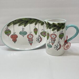 Spectrum Designz Christmas Pitcher & Platter Set Ceramic Pastel Vtg Ornaments